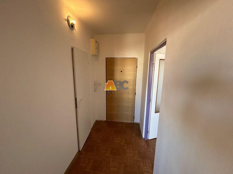 Entrance hallway in a 2-room apartment with a wooden decor floor and bright lighting.