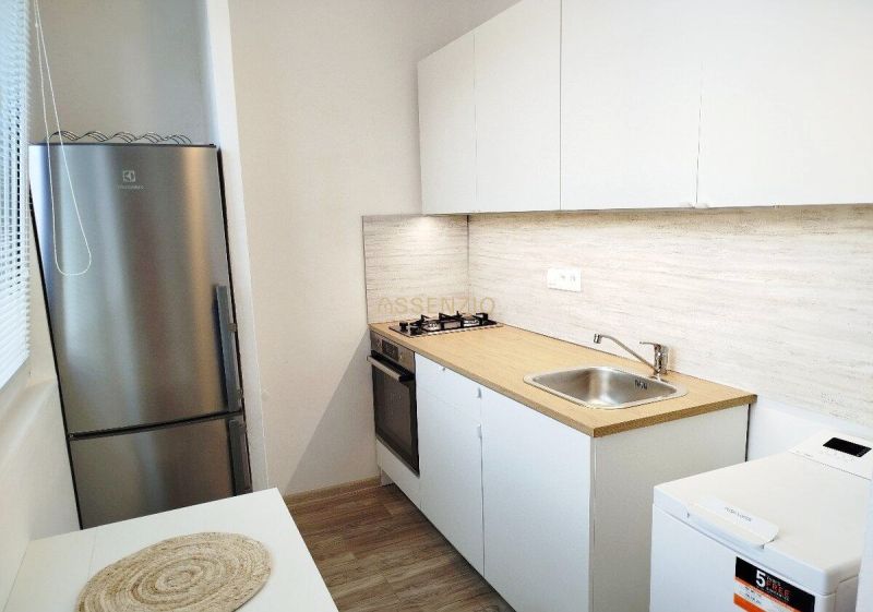 A kitchen in a studio apartment with a stainless steel refrigerator and a cooktop.