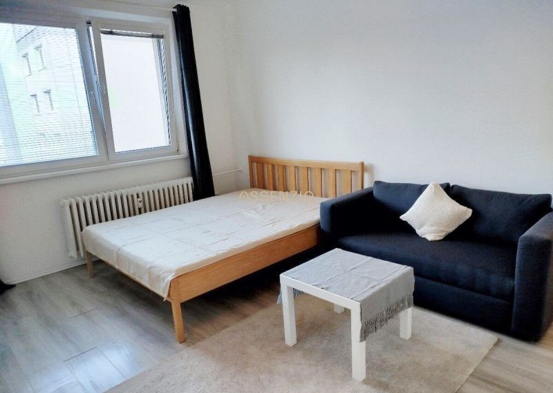 A one-room apartment with a bed, sofa, and table; floor with wooden decor.