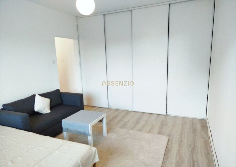 A room in a one-bedroom apartment with a sofa, a table, and a wooden decor floor.