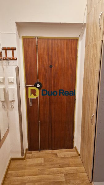 Entrance door with wood decor in a 3-room apartment, secured with a steel bar.