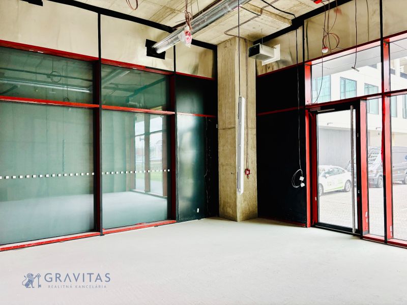 Interior of commercial spaces with glass window walls and raw floor surface.