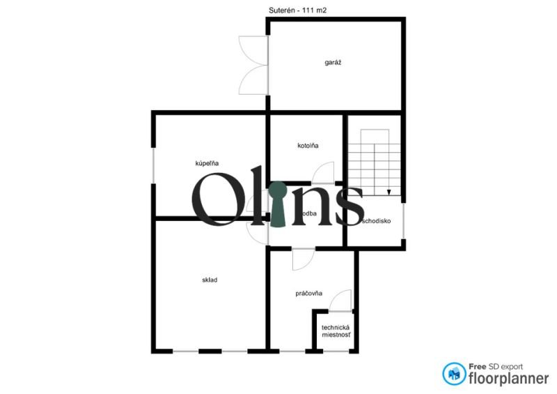 Basement floor plan of a family house with a garage, boiler room, bathroom, and other rooms.