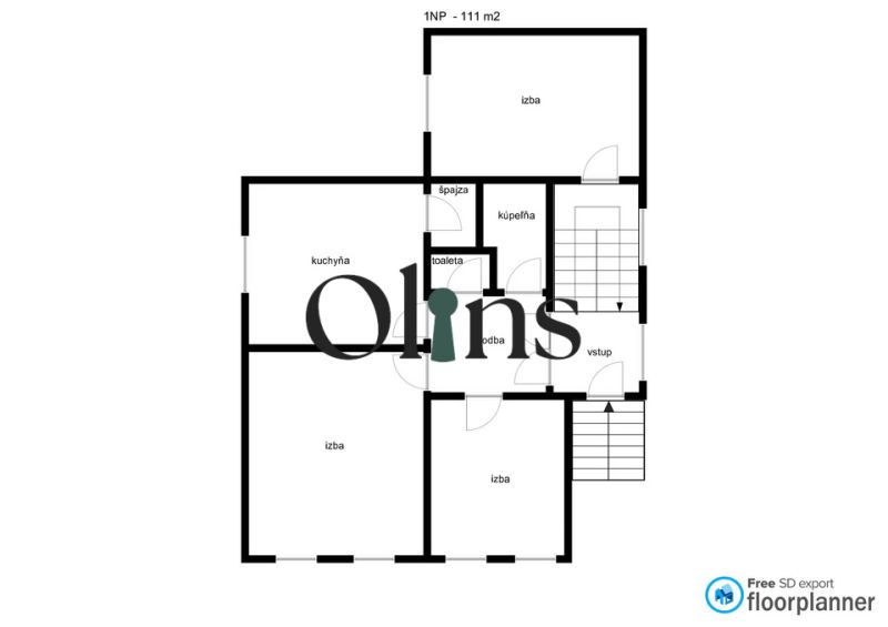 Floor plan of the first floor of a family house with a kitchen, bathroom, toilet, and pantry.