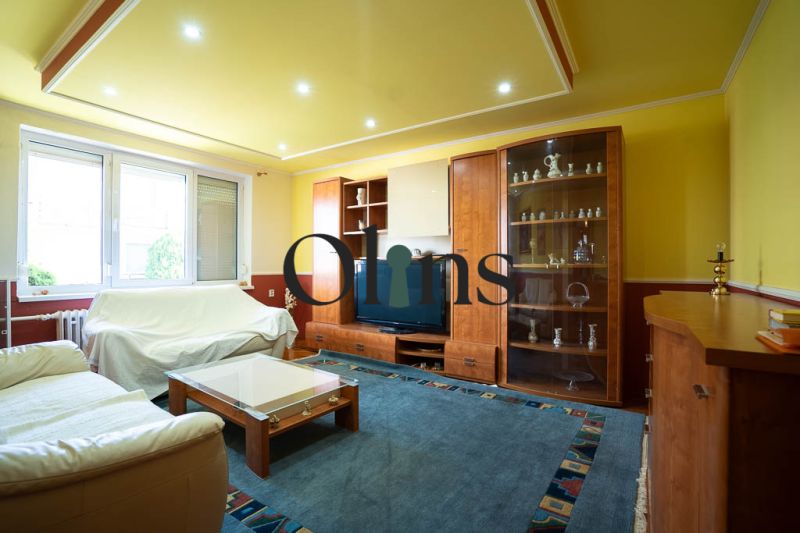 Living room in a family house with wooden furniture and a glass cabinet.