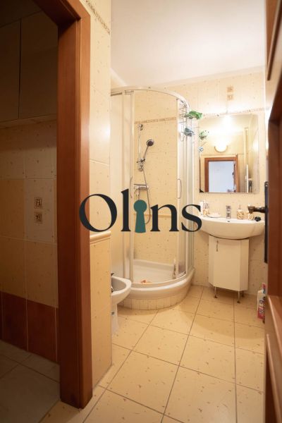A bathroom with a corner shower and a sink in a family house.