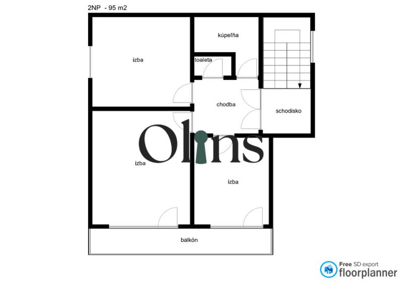 Floor plan of the second floor of a family house with three rooms, a bathroom, and a balcony.