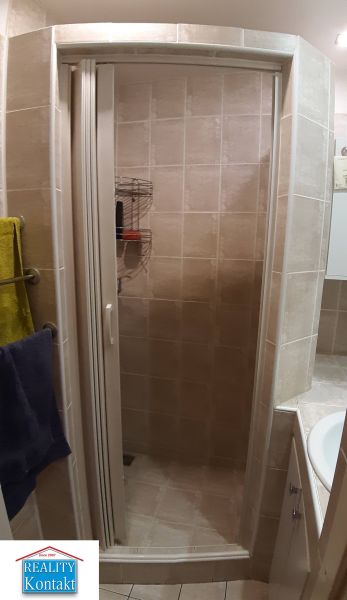 A shower corner in the bathroom with tiles in a 2-room apartment.