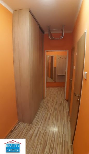 A hallway with orange walls and a wood-patterned floor in a 2-room apartment.