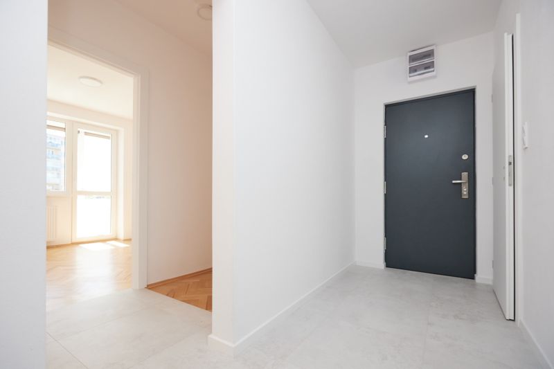 Entrance hallway in a 3-room apartment with direct light and a wooden decor floor.