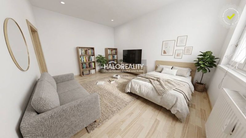 Living room in a studio apartment with a sofa, bed, and wood-patterned flooring.