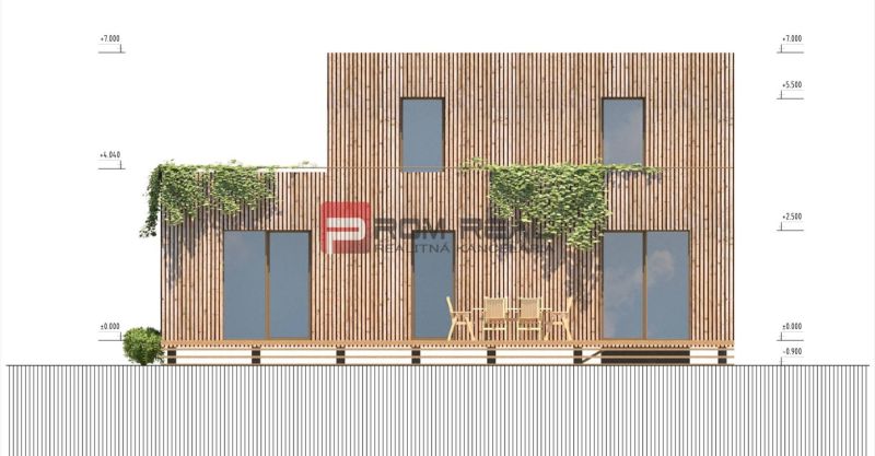 Design of a wooden house with climbing greenery on a plot in Borinka for living.