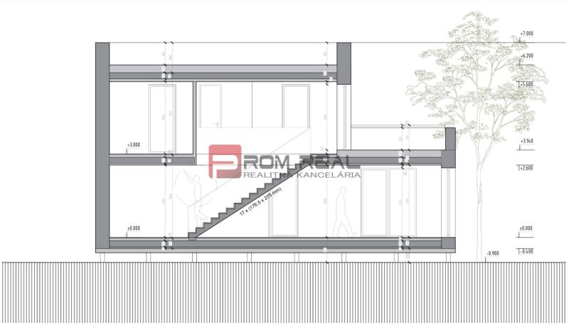 Technical drawing of a building with a floor and staircase in Borinka, Land - residential.