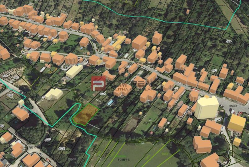 3D map of plots - housing in Borinka, shows streets and surrounding buildings of Borinka.