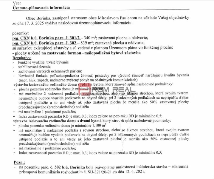 Zoning information for Borinka includes the construction of houses and protective zones.