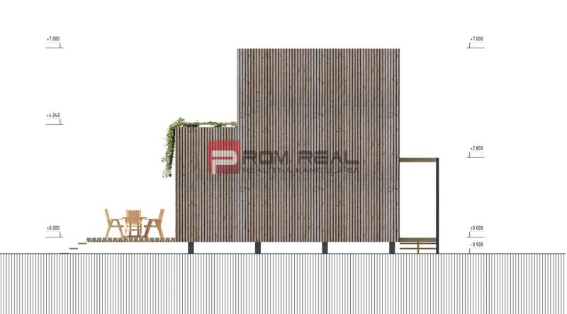 Design of a modern house with wooden cladding for residential plots.