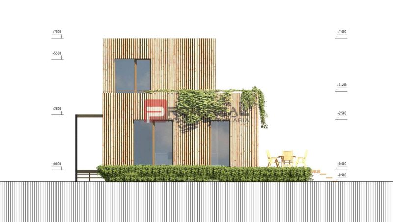 Modern house with vertical cladding and terrace, Land - living.