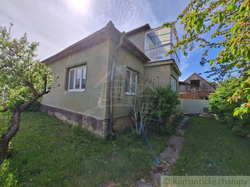 A family house in Orešany with a green exterior and a garden, surrounded by trees.