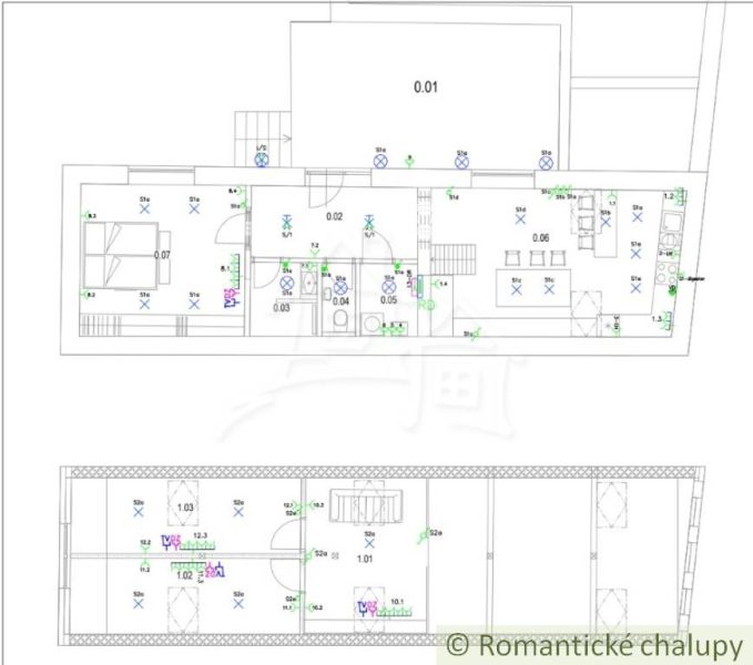 Floor plan of a family house in Sobotište with rooms and equipment labeling.