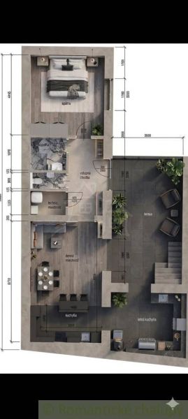 Floor plan of a family house with a kitchen, living room, bedroom, and terrace.