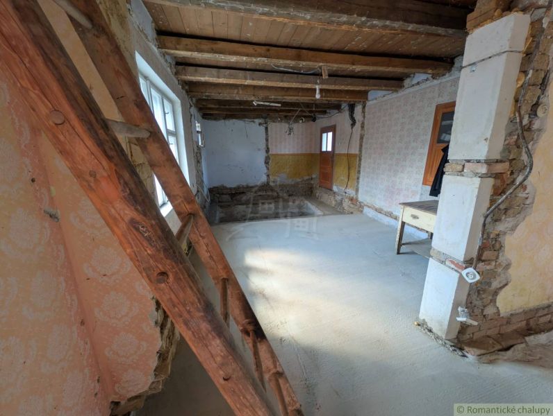 The interior of a family house with a wooden ceiling, old wallpaper, and a ladder.