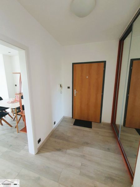 Entrance hall in a 3-room apartment with wood-patterned flooring and a mirrored wardrobe.