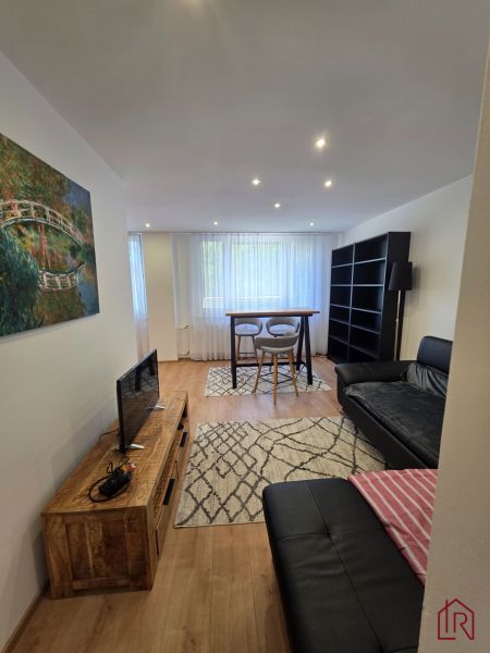 Living room in a 3-room apartment with a black sofa, TV, and wooden decor flooring.