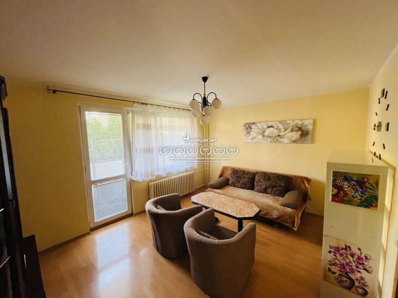 Living room in a 3-room apartment with a wooden decor floor, sofa, and armchairs.
