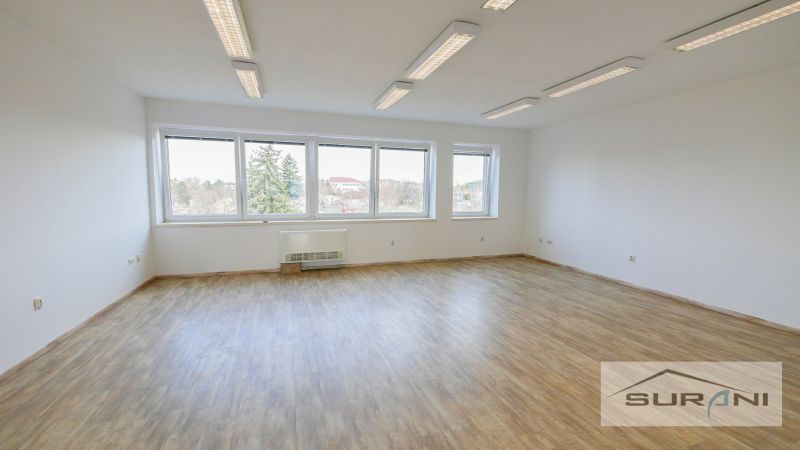 A spacious office with a wood-patterned floor and large windows.