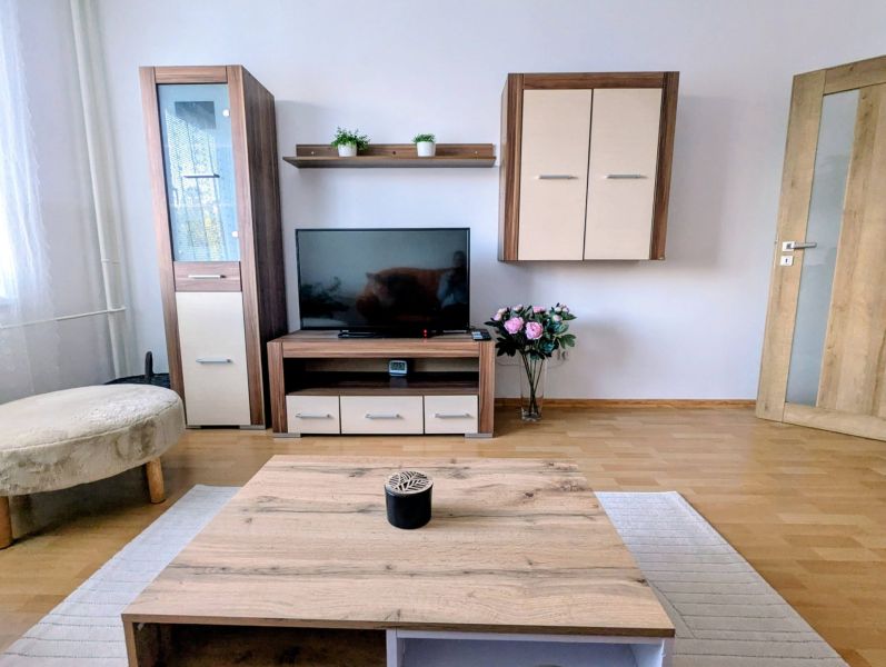 Living room of a two-room apartment with a wooden decor floor and TV furniture.