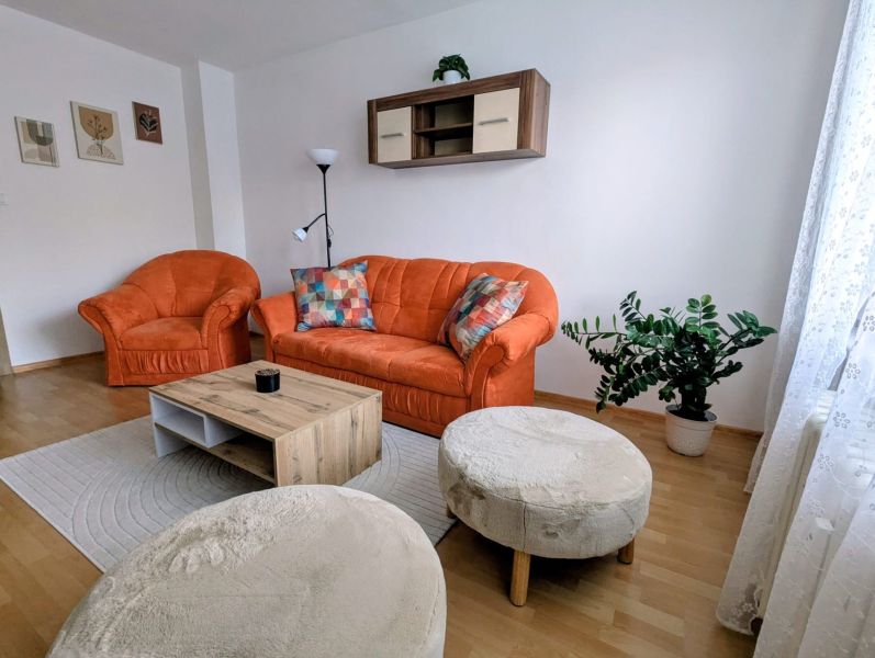 Living room of a two-room apartment with an orange sofa, a plant, and a wooden-decor floor.