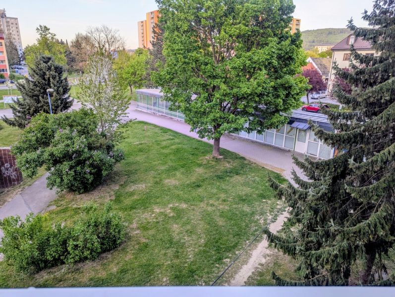 Greenery around Centrum I Street in Dubnica nad Váhom with sidewalks and buildings.