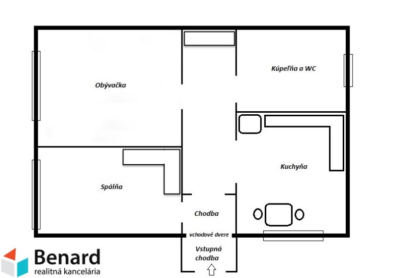 Floor plan of a 2-room apartment with a living room, bedroom, kitchen, bathroom, and hallway.