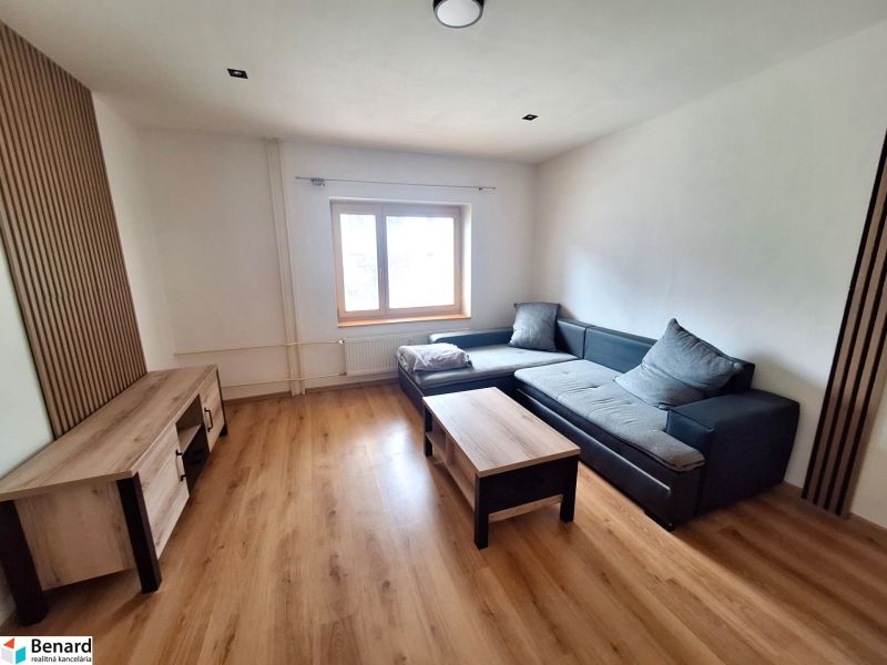 Living room in a two-room apartment with wooden flooring, a sofa, and a TV stand.