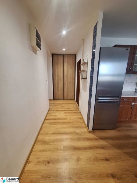 A hallway with a built-in wardrobe and kitchen in a 2-room apartment, wooden floor, light walls.