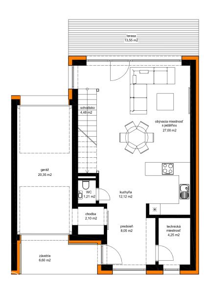 Floor plan of a family house in Skalica with a garage, terrace, and a living room with a dining area.