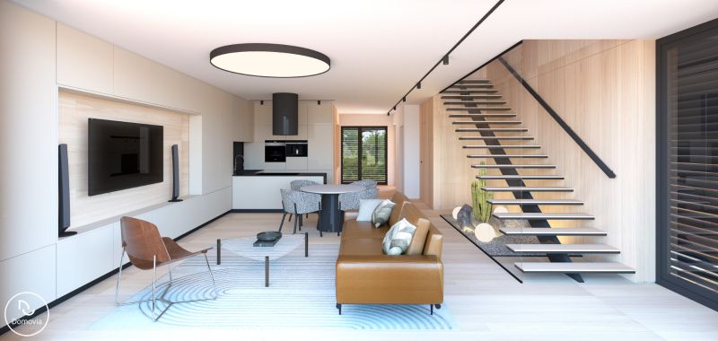 Living room with kitchen, stairs, and wooden decor flooring, Real Estate - housing.