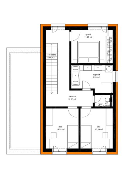 Floor plan of a family house: three rooms, bathroom, toilet, and staircase.
