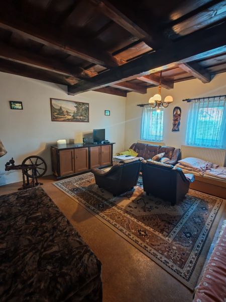 Living room with a carpet, wooden ceiling, and television in a family house.