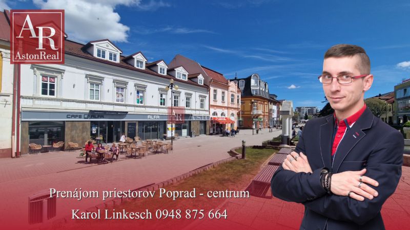 Offices on Sv. Egídia Square in Poprad with a café and benches next to the fountain.