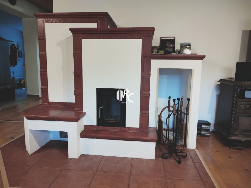 Interior of a family house with a traditional fireplace and tools on a white background.