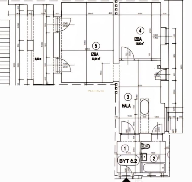 Floor plan of a 2-room apartment with labeled rooms and dimensions.