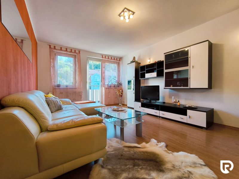 Living room in a two-room apartment with a leather sofa, glass table, and floor decor.