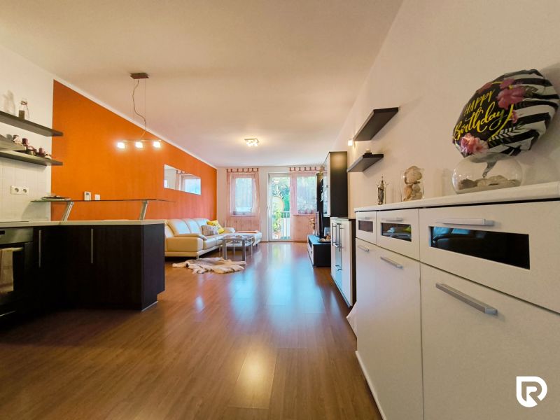 Living area with an open kitchen and a wooden decor floor in a 2-room apartment.