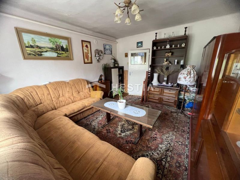 Living room in a family house with a brown sofa, carpet, and decorative paintings on the walls.