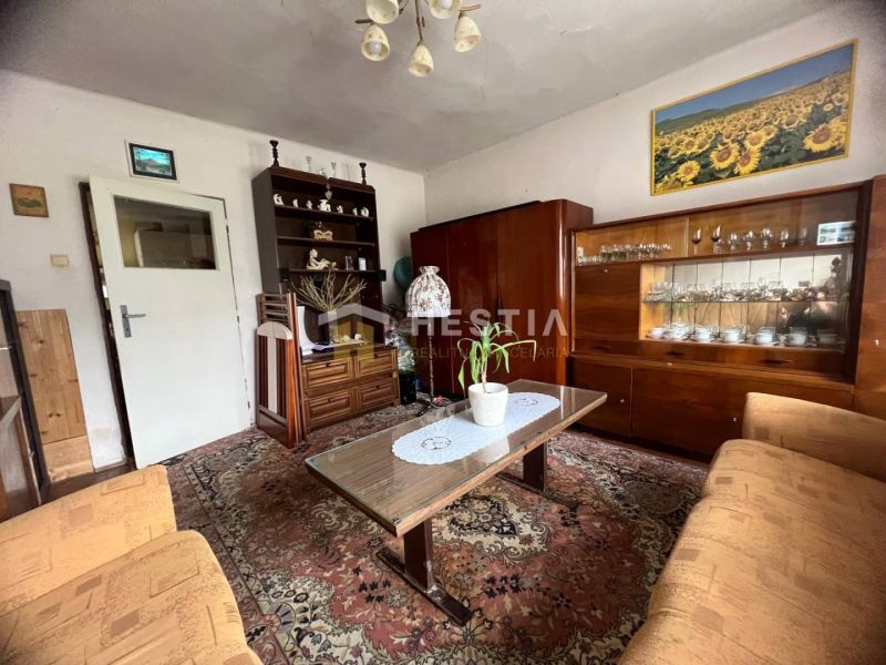 A living room in a family house with a carpet, furniture, and a painting of sunflowers.