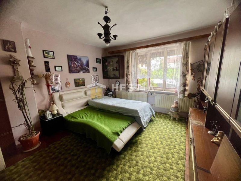 Interior of a family house with a green carpet, decorative paintings, and a large window.
