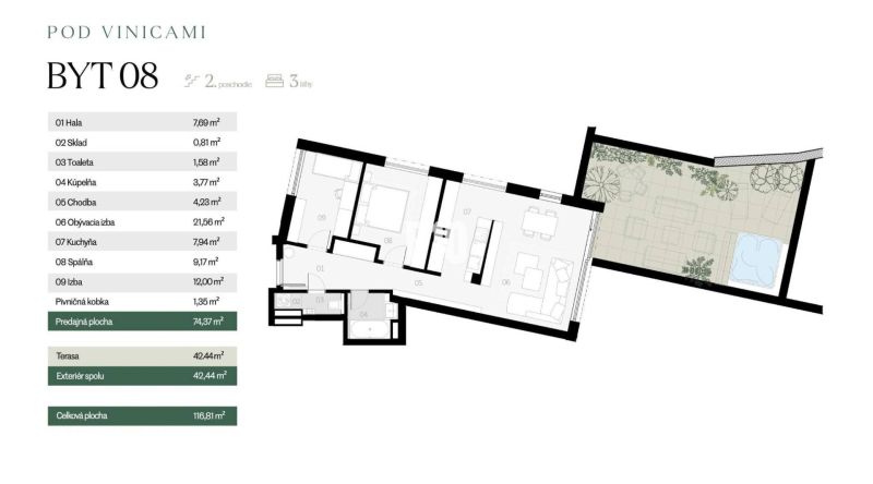 The floor plan of a 3-room apartment with a terrace includes a kitchen, living room, bedroom, and bathroom.