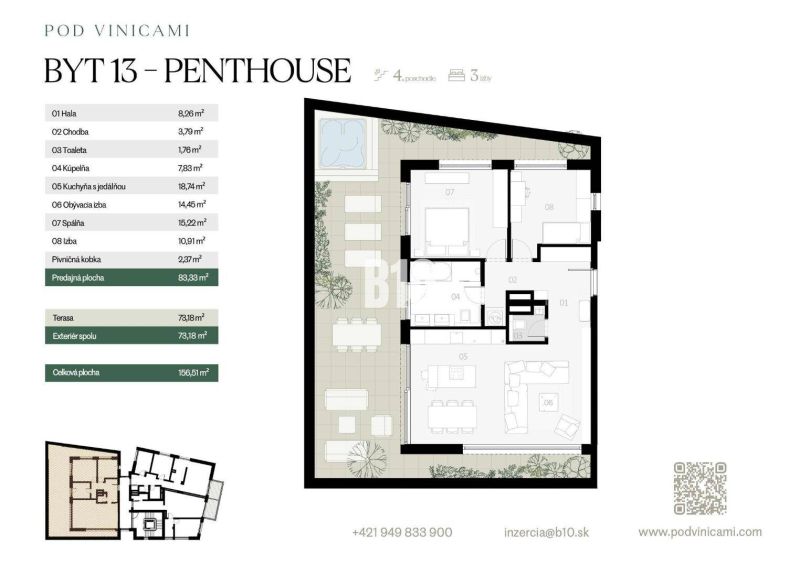 Floor plan of a 3-room apartment with a terrace, kitchen, bathroom, and cellar. Total area 156 m².