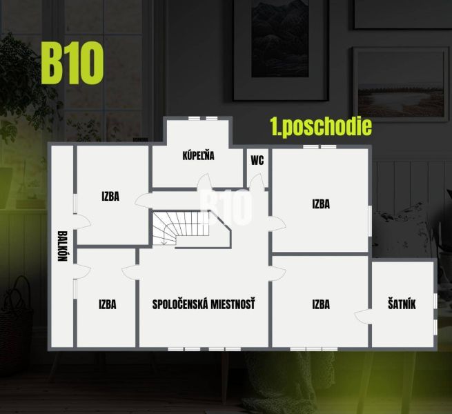 Floor plan of a family house with rooms, bathroom, toilet, living room, and balcony.